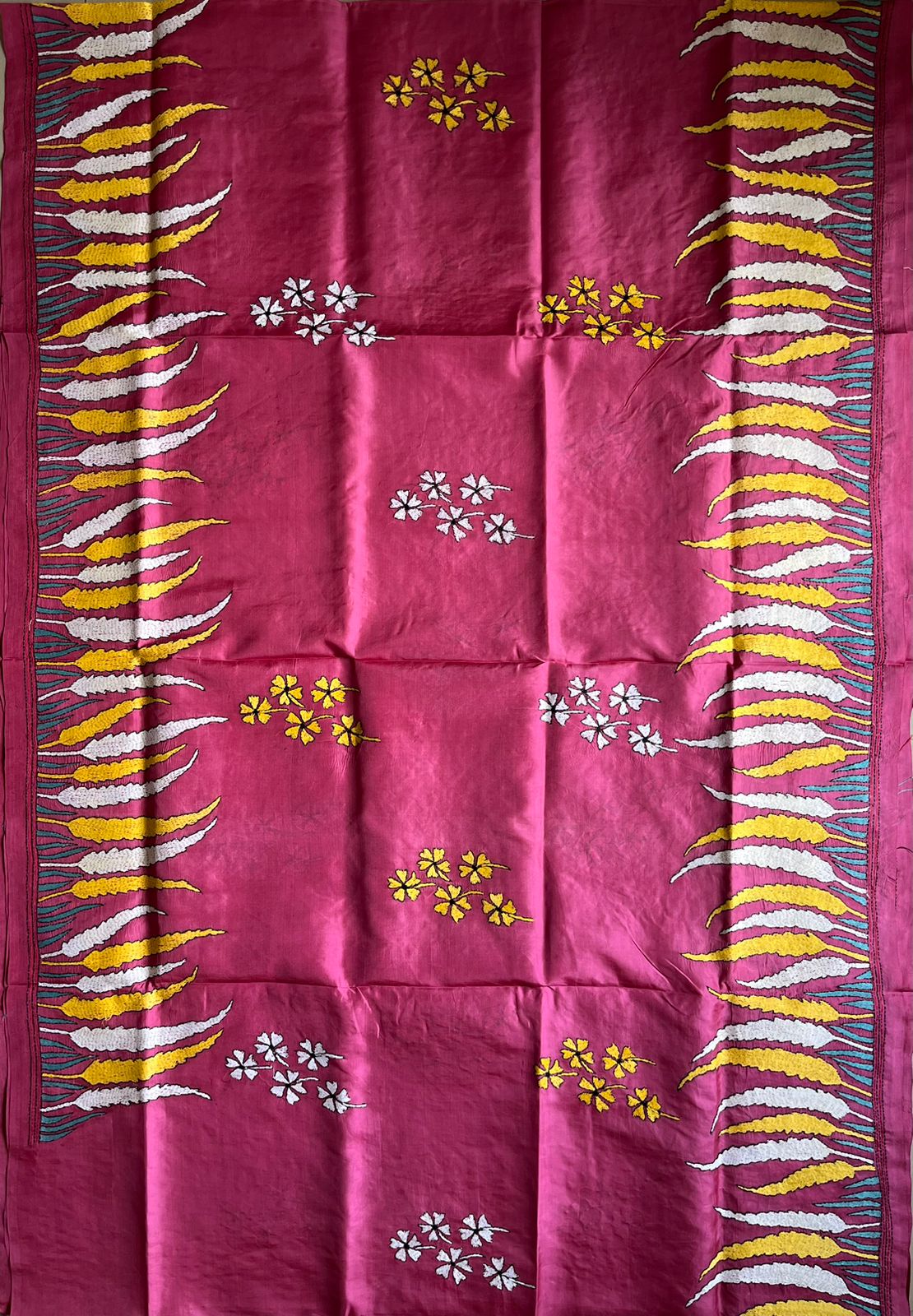 Pink Kantha Hand Embroidered Pure Banglore Silk Saree