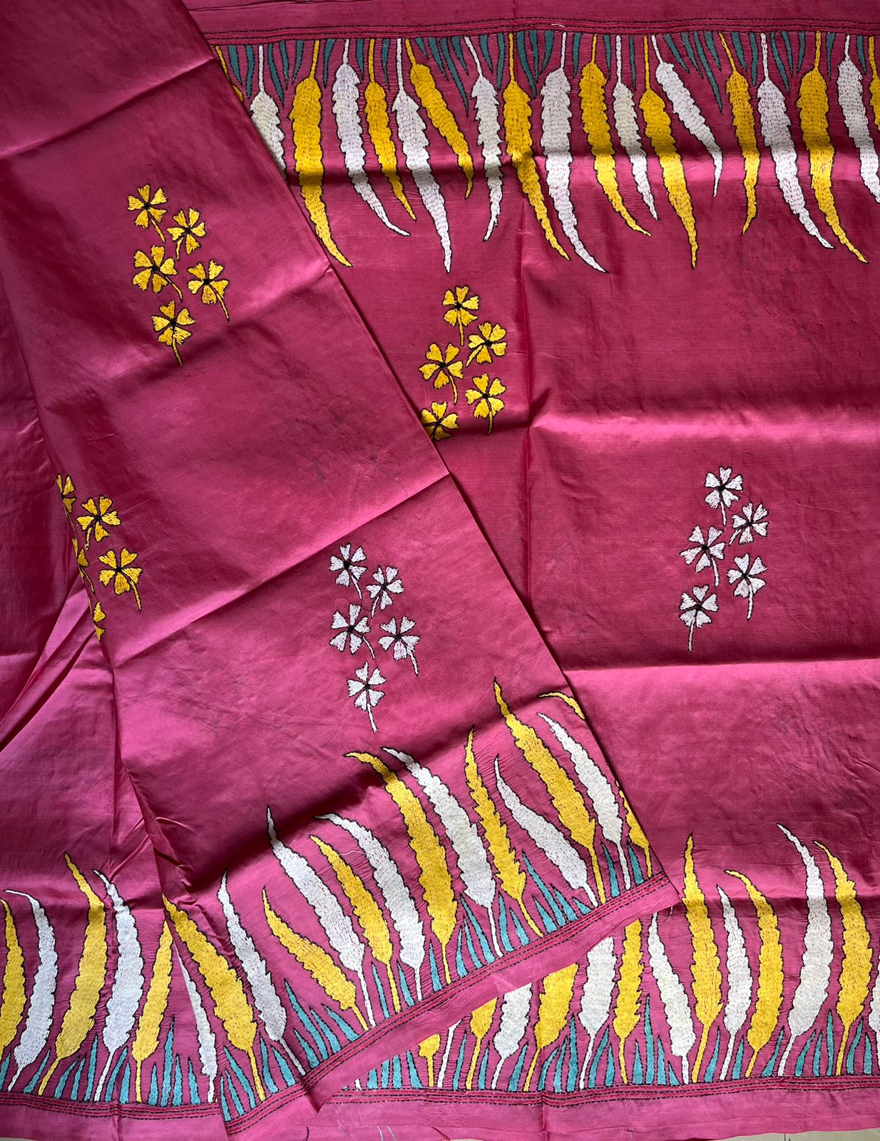 Pink Kantha Hand Embroidered Pure Banglore Silk Saree