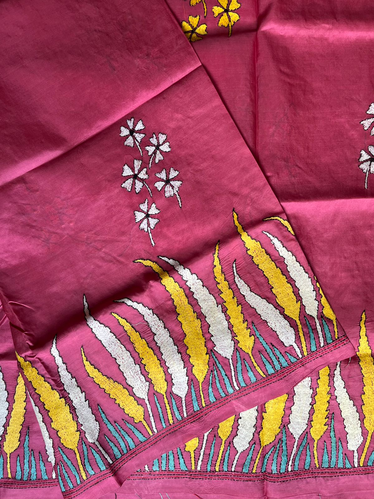 Pink Kantha Hand Embroidered Pure Banglore Silk Saree