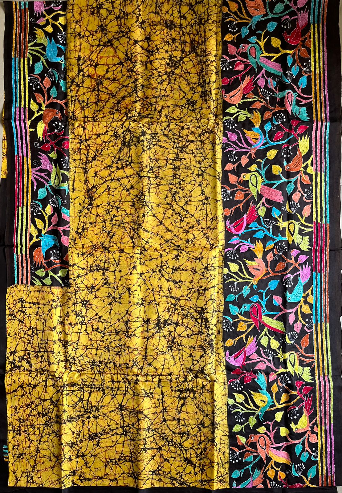 Batik Kantha Stitch Hand Embroidered Pure Banglore Silk Saree (Silk Marked)