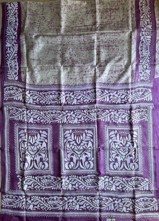 Kantha Stitch Hand Embroidered Pure Banglore Silk Batik Saree (Silk Marked)