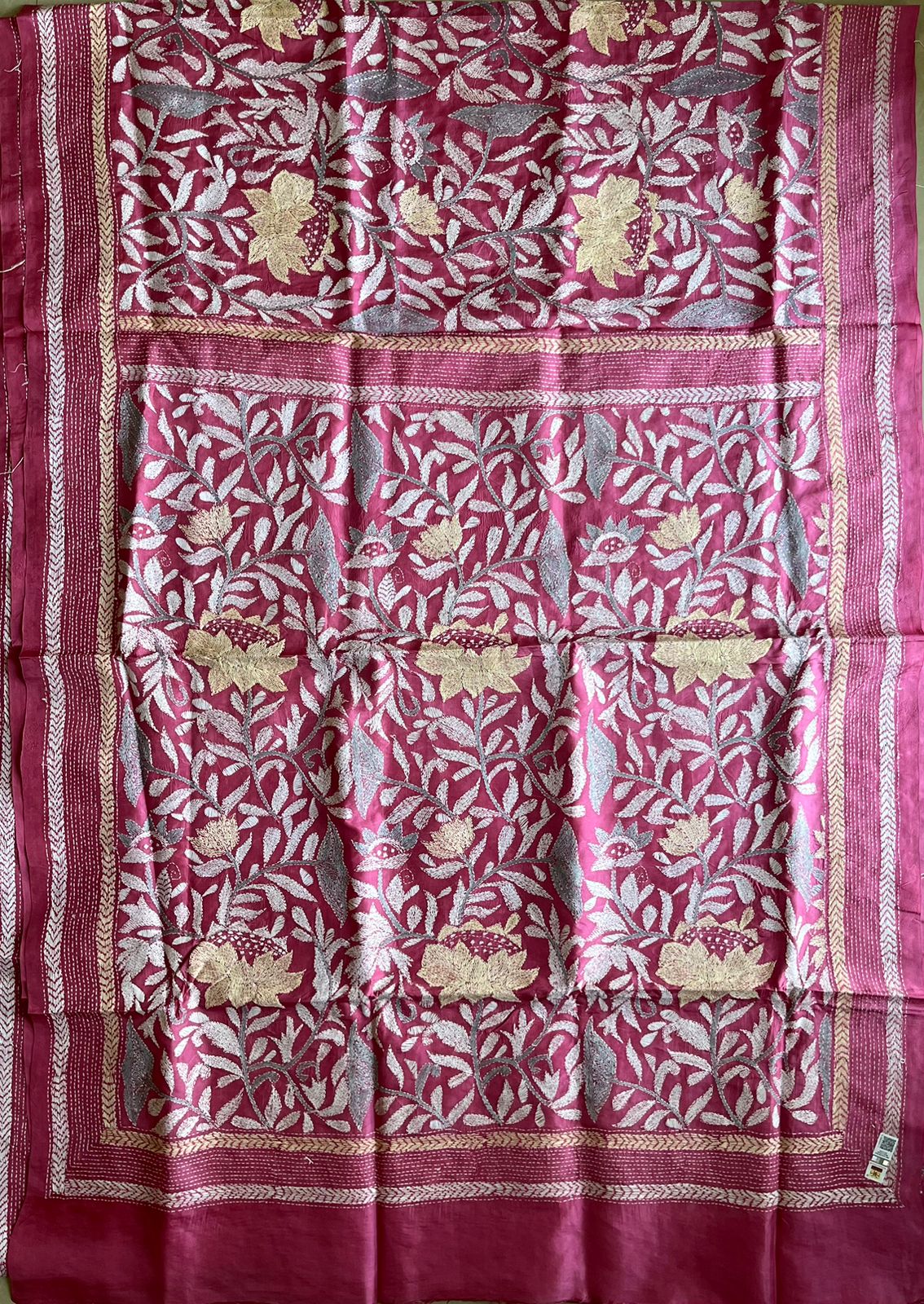 Pink Kantha Hand Embroidered Pure Banglore Silk Saree (Silk Marked)