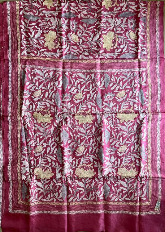 Pink Kantha Hand Embroidered Pure Banglore Silk Saree (Silk Marked)