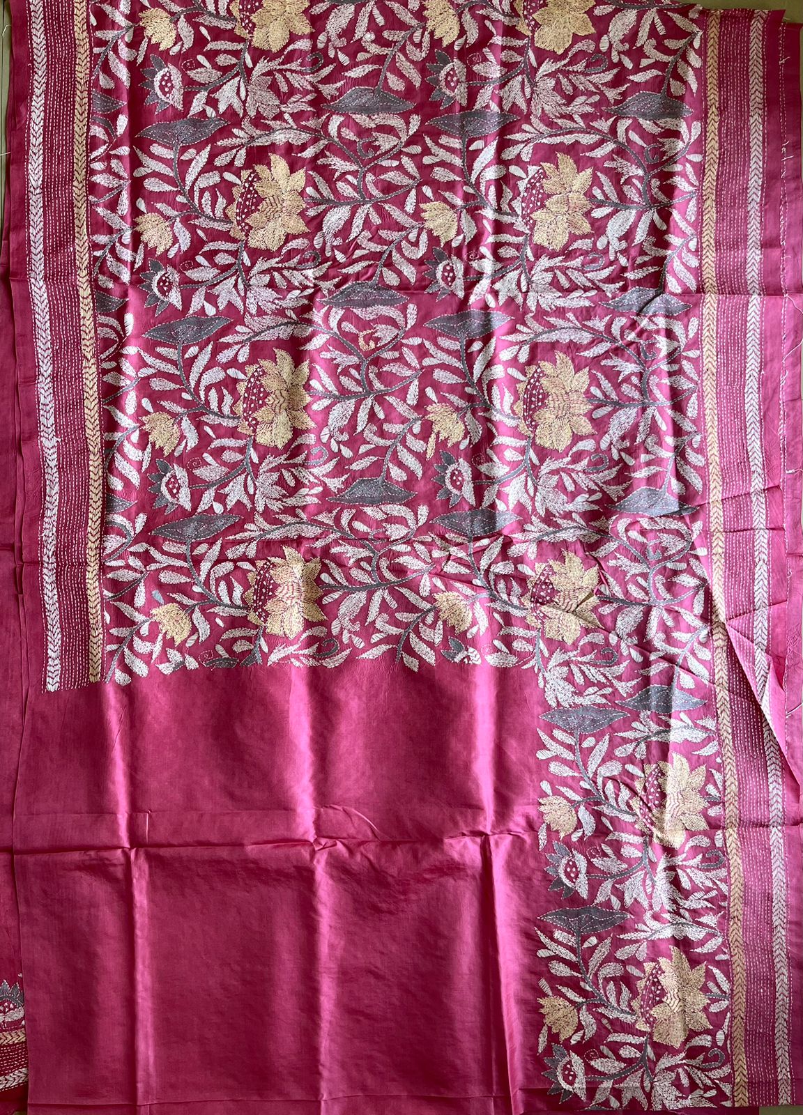 Pink Kantha Hand Embroidered Pure Banglore Silk Saree (Silk Marked)