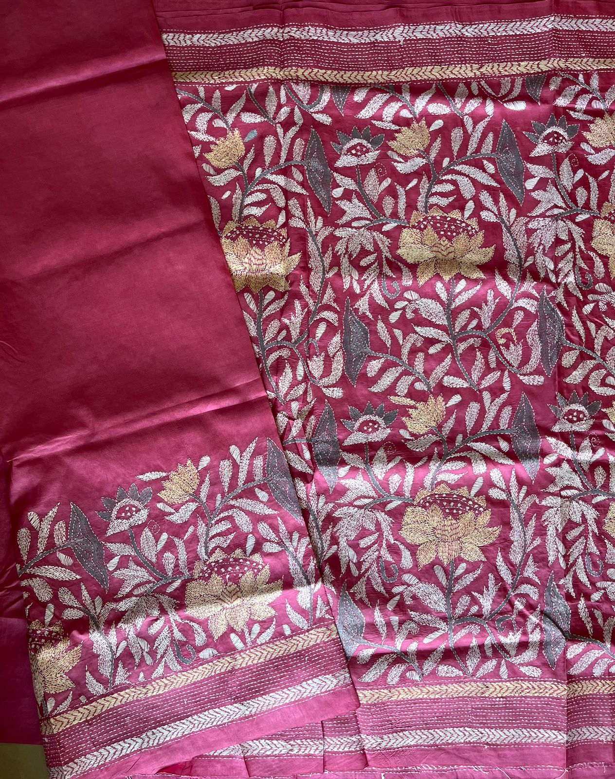 Pink Kantha Hand Embroidered Pure Banglore Silk Saree (Silk Marked)