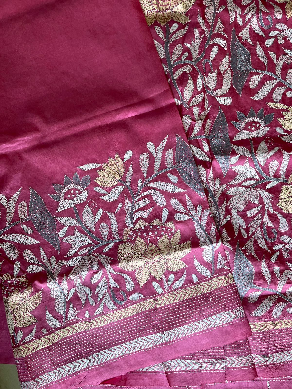 Pink Kantha Hand Embroidered Pure Banglore Silk Saree (Silk Marked)