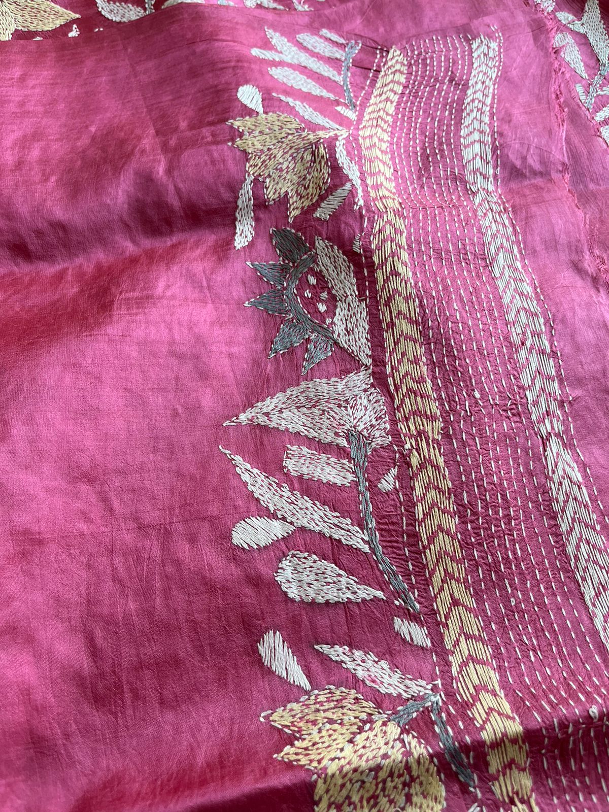 Pink Kantha Hand Embroidered Pure Banglore Silk Saree (Silk Marked)