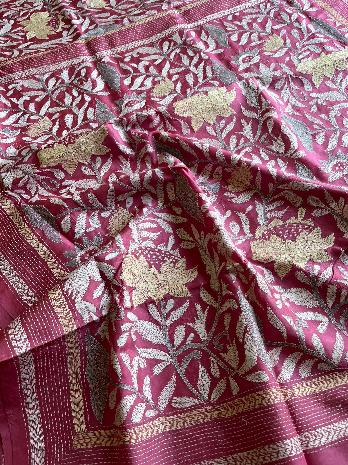 Pink Kantha Hand Embroidered Pure Banglore Silk Saree (Silk Marked)