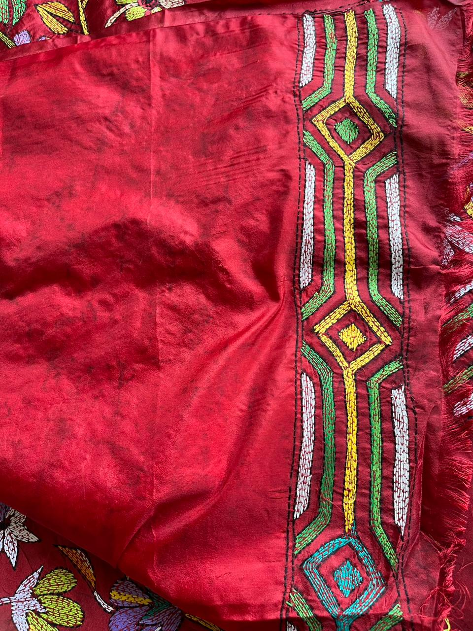 Red Kantha Hand Embroidered Hand Batik Art Silk Saree With Blouse