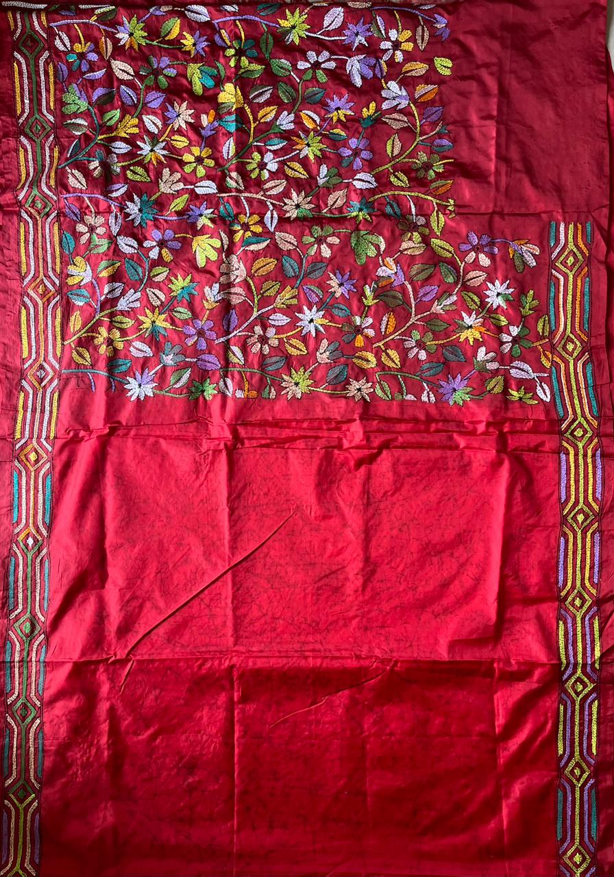 Red Kantha Hand Embroidered Hand Batik Art Silk Saree With Blouse