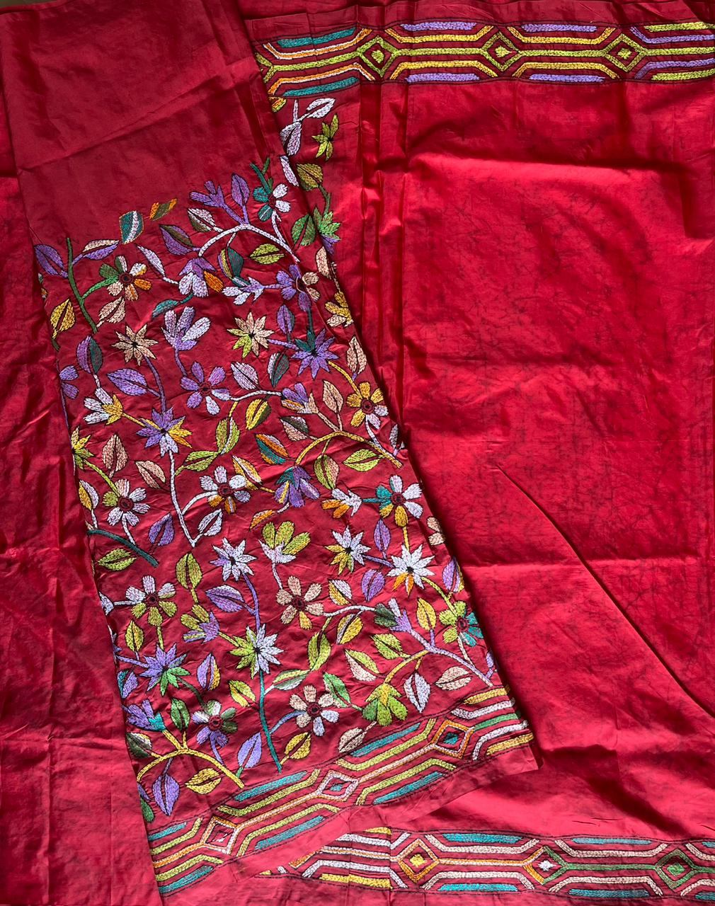 Red Kantha Hand Embroidered Hand Batik Art Silk Saree With Blouse