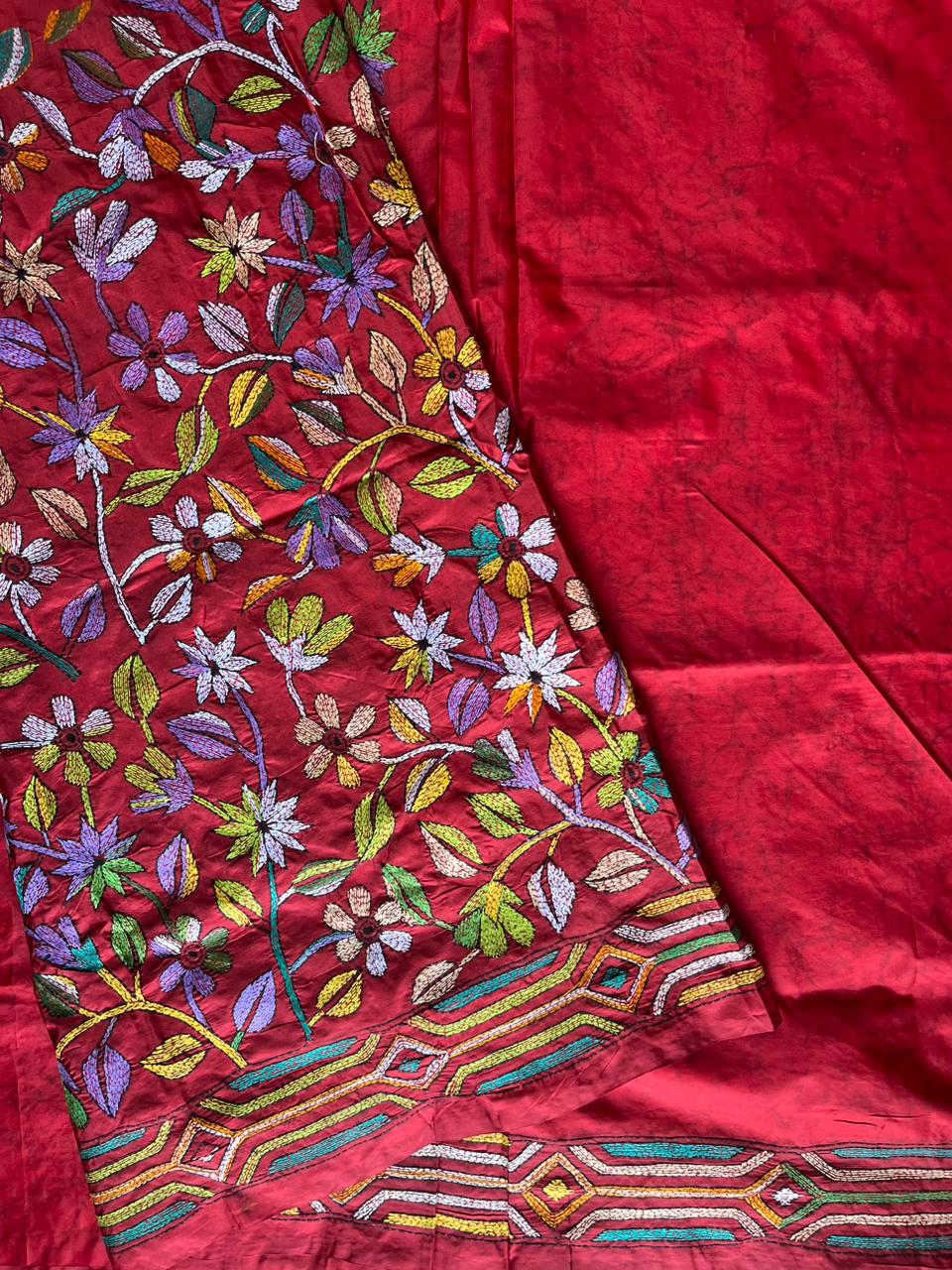 Red Kantha Hand Embroidered Hand Batik Art Silk Saree With Blouse