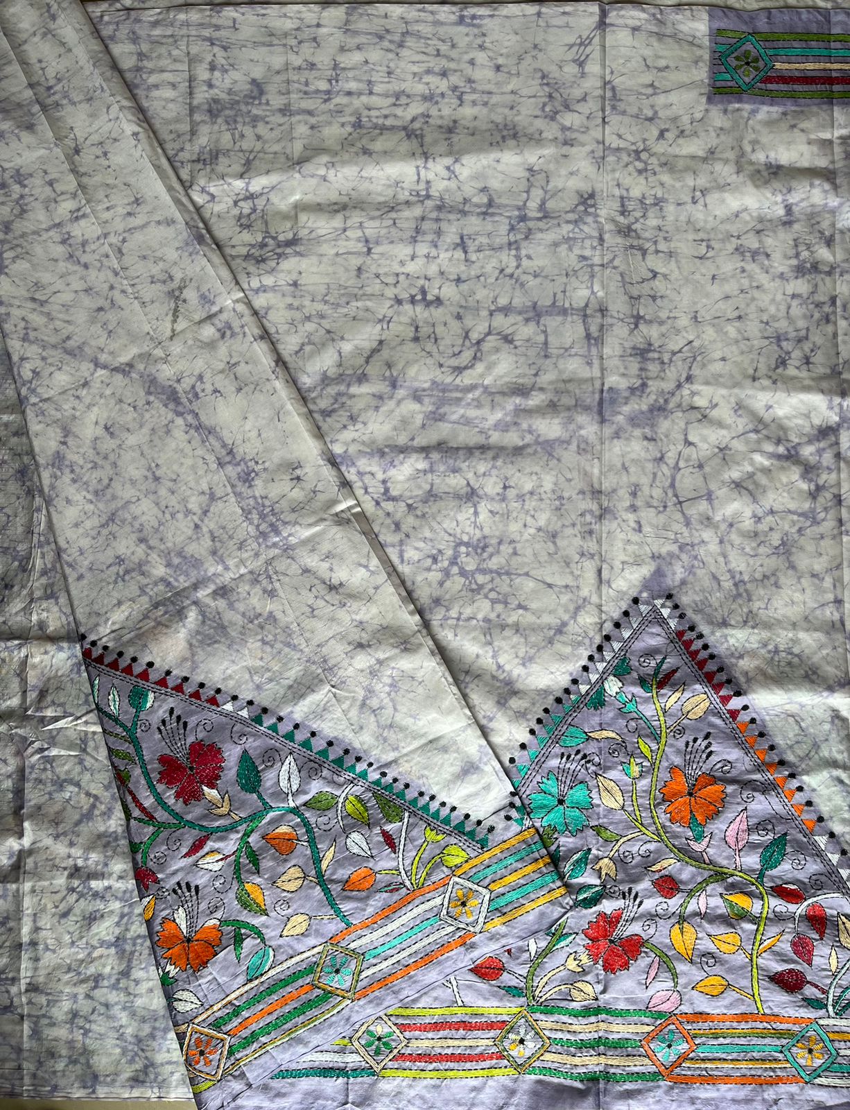 Kantha Hand Embroidered Hand Batik Art Silk Saree With Blouse