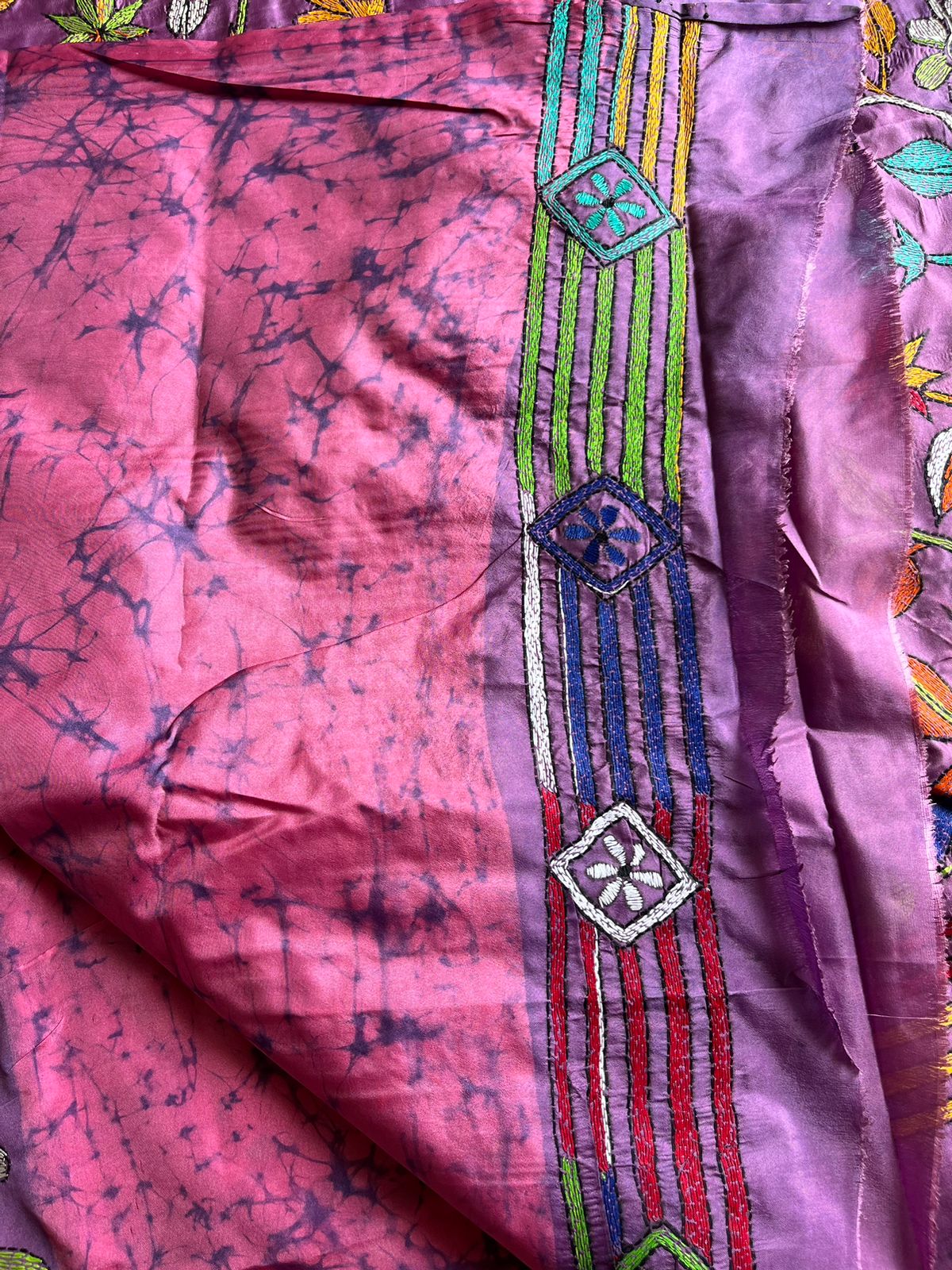 Pink Kantha Hand Embroidered Hand Batik Art Silk Saree With Blouse