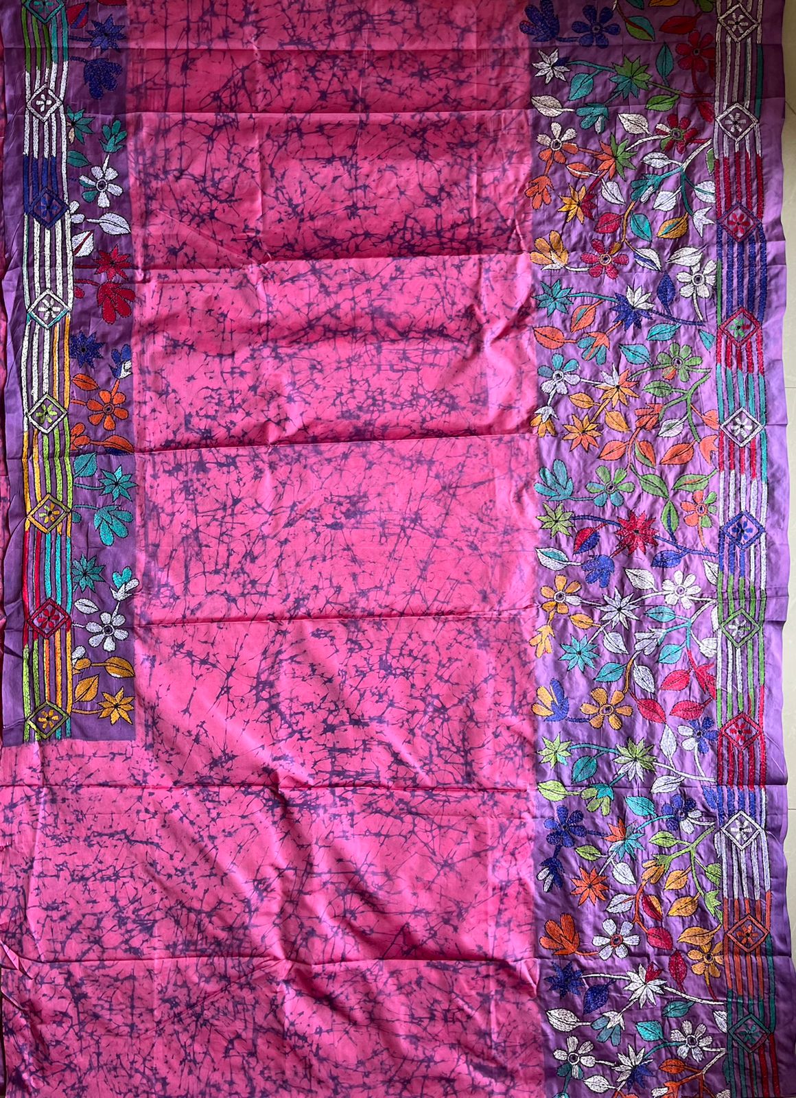 Pink Kantha Hand Embroidered Hand Batik Art Silk Saree With Blouse