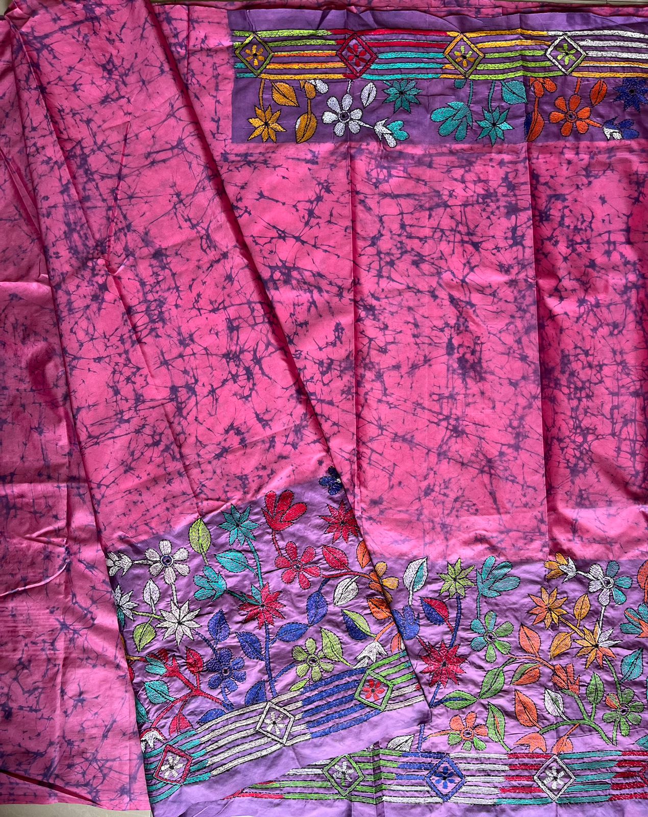 Pink Kantha Hand Embroidered Hand Batik Art Silk Saree With Blouse