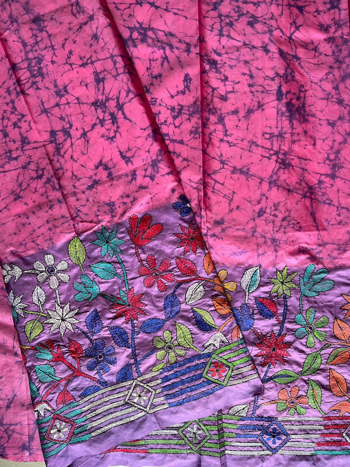 Pink Kantha Hand Embroidered Hand Batik Art Silk Saree With Blouse