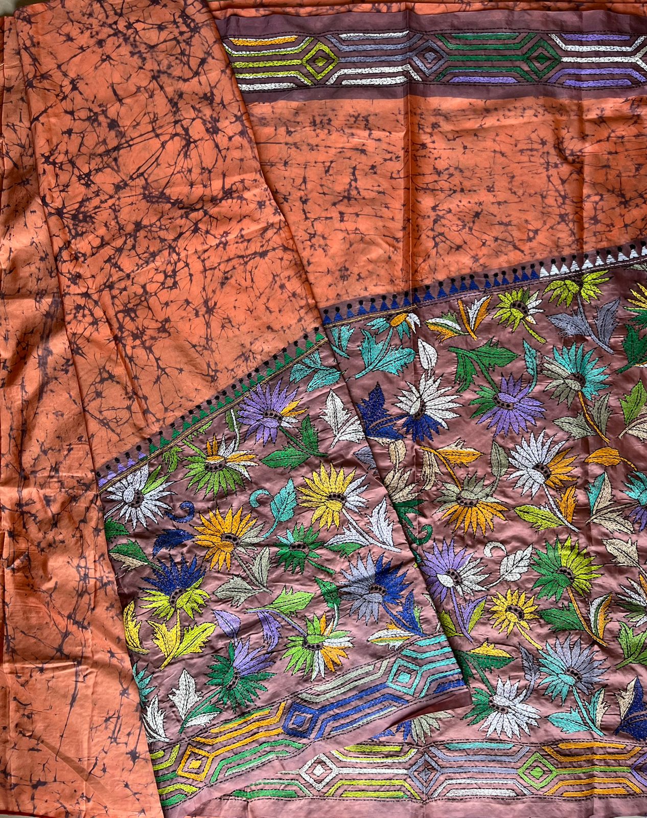 Kantha Hand Embroidered Hand Batik Art Silk Saree With Blouse