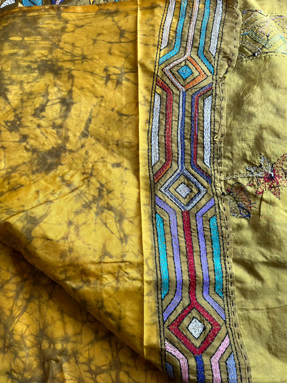 Yellow Kantha Hand Embroidered Hand Batik Art Silk Saree With Blouse