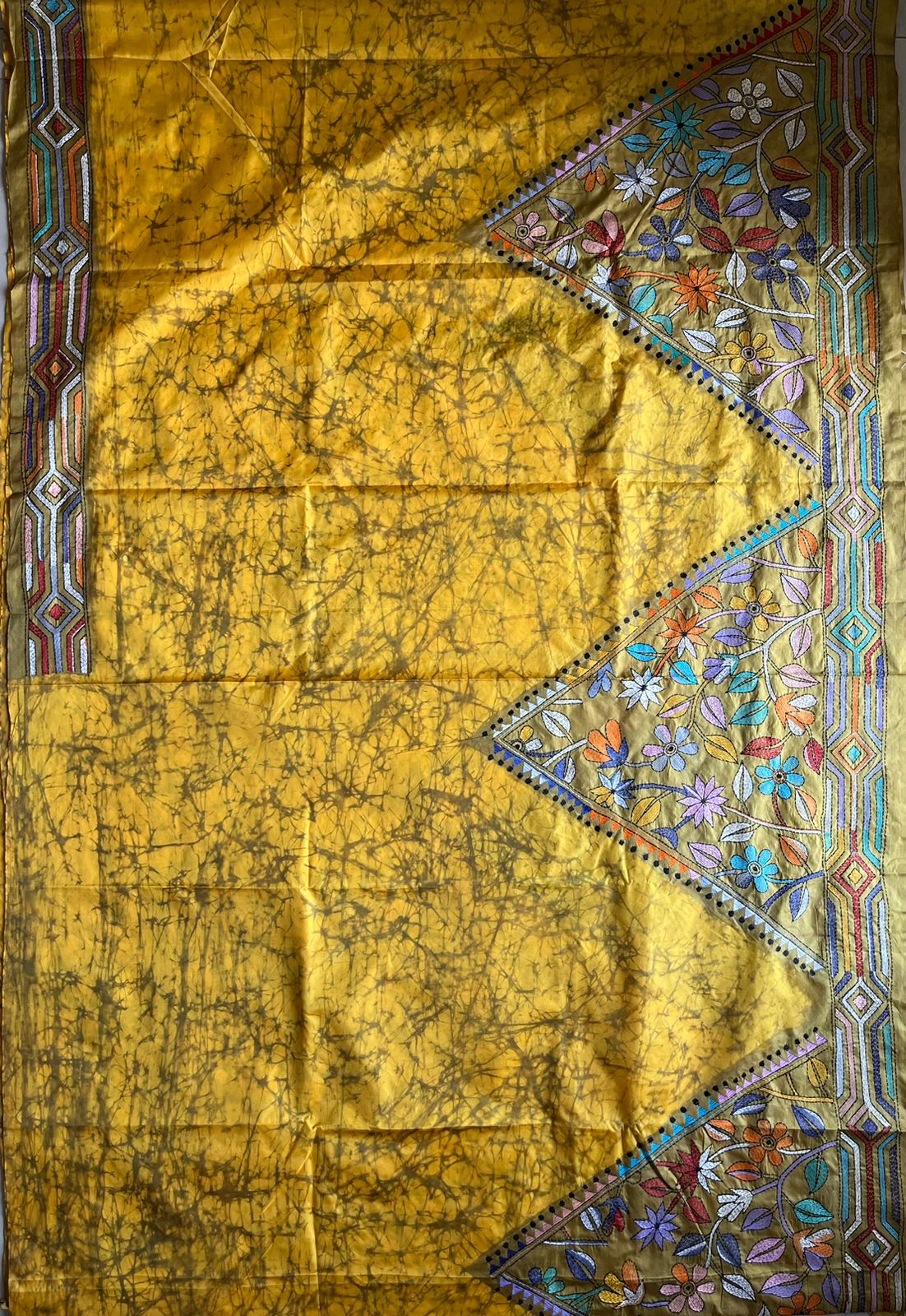 Yellow Kantha Hand Embroidered Hand Batik Art Silk Saree With Blouse