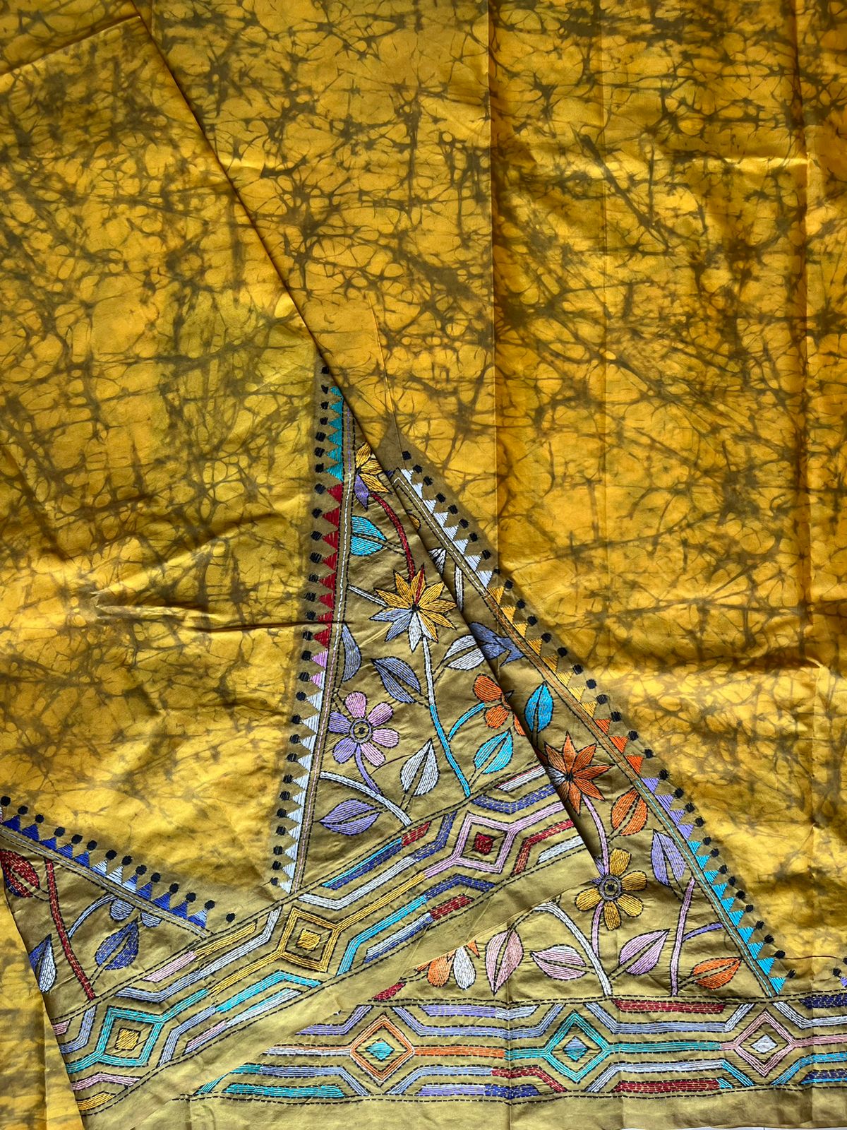 Yellow Kantha Hand Embroidered Hand Batik Art Silk Saree With Blouse