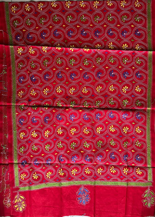 Kantha Hand Embroidary Full Work Pure Cotton Dupatta-Red “36”