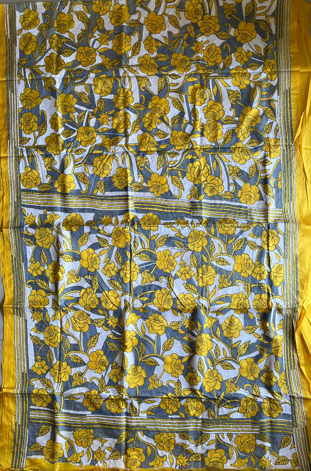 Reverse Kantha Hand Embroidered Art Silk Saree – Yellow