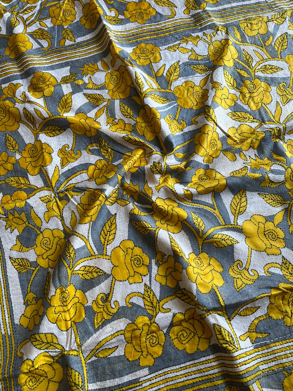 Reverse Kantha Hand Embroidered Art Silk Saree – Yellow