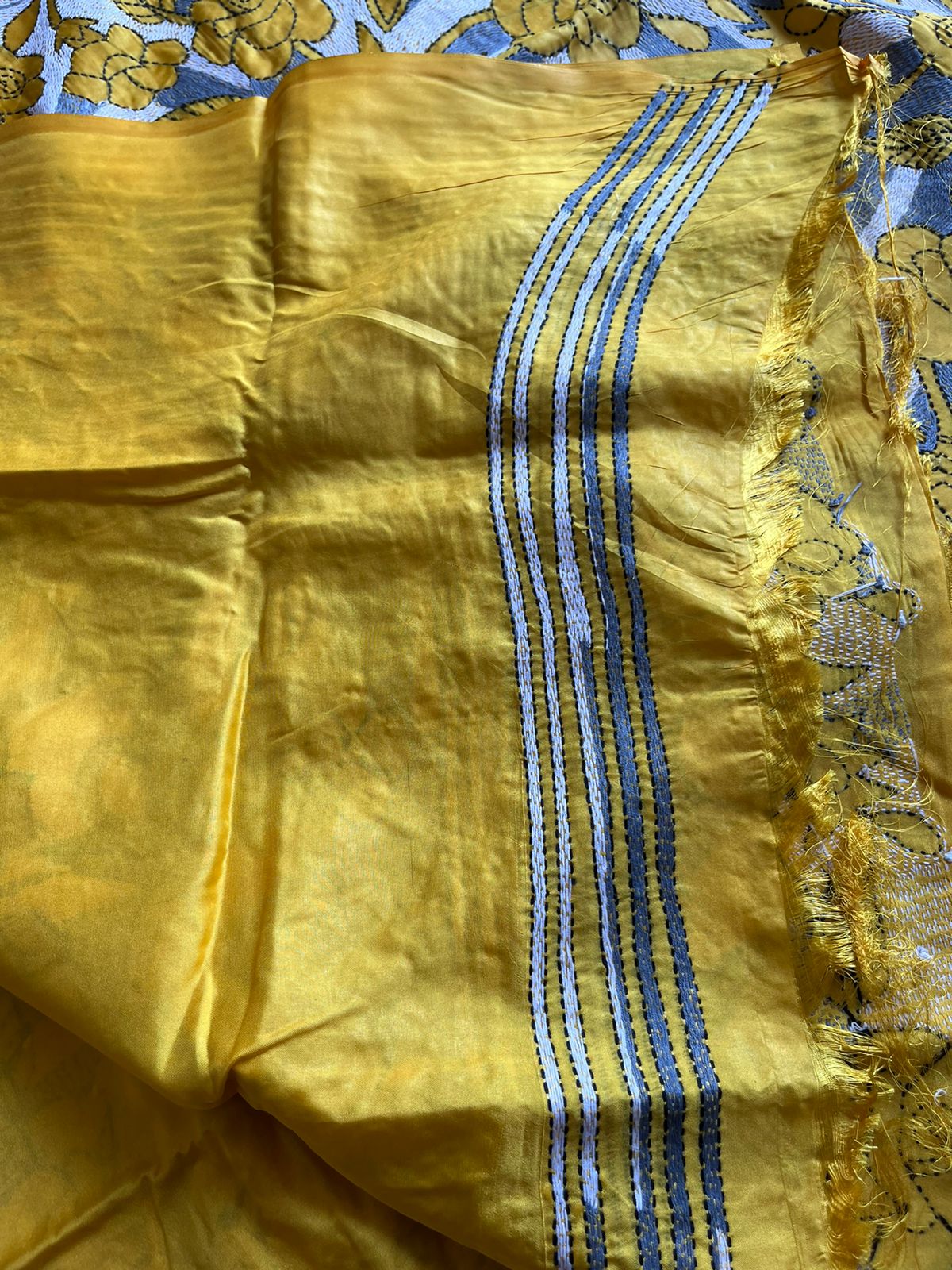 Reverse Kantha Hand Embroidered Art Silk Saree – Yellow