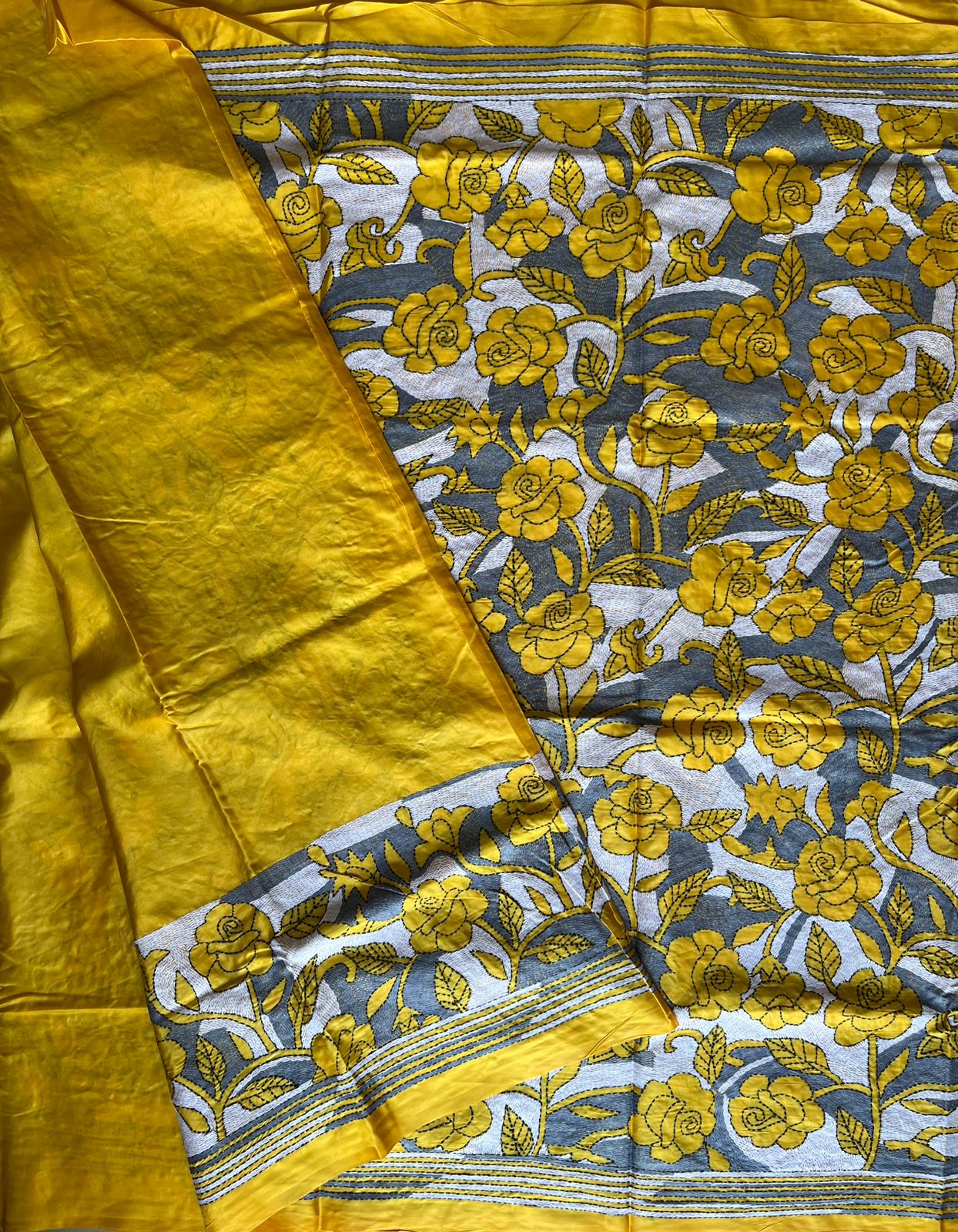 Reverse Kantha Hand Embroidered Art Silk Saree – Yellow