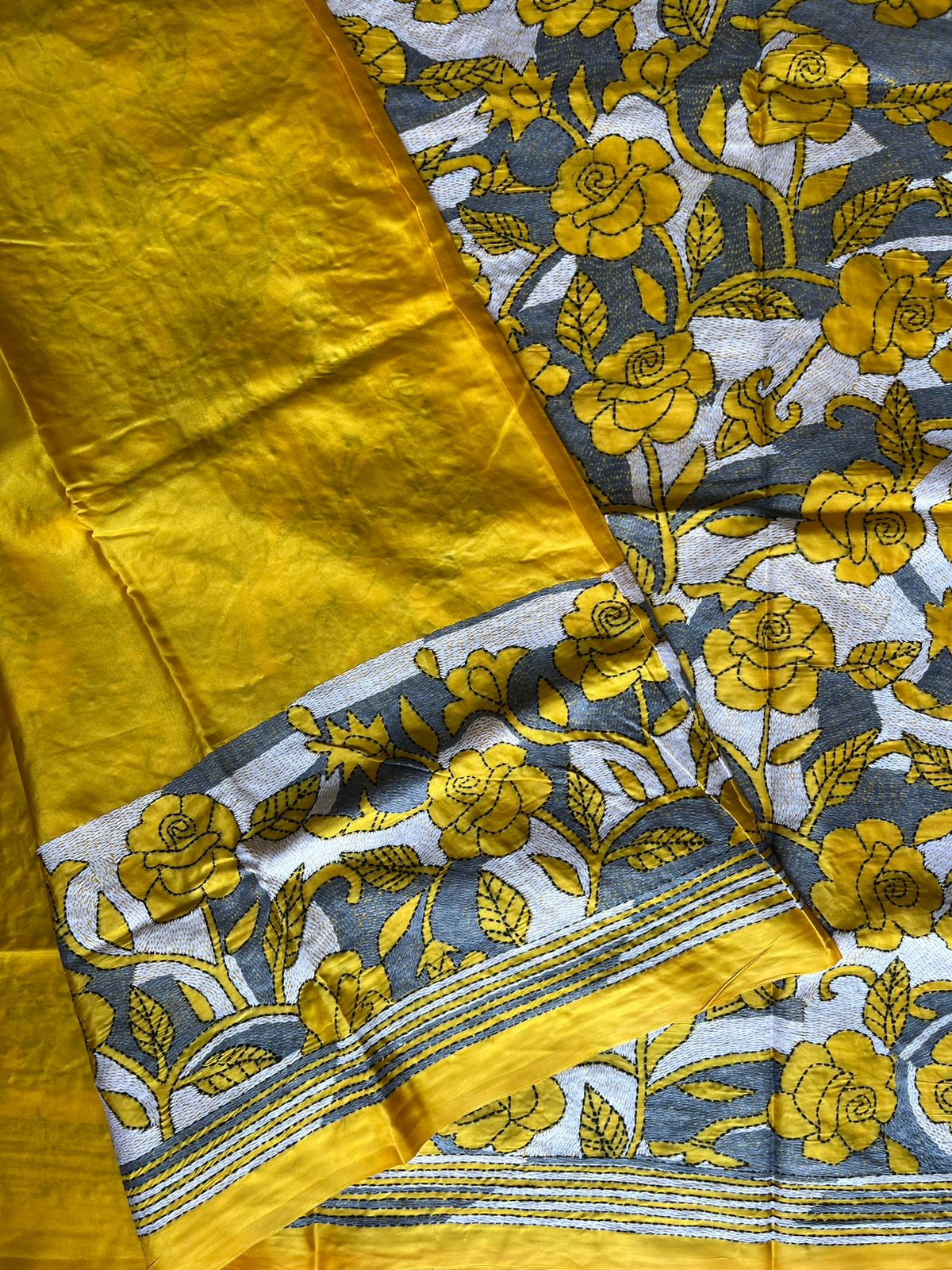 Reverse Kantha Hand Embroidered Art Silk Saree – Yellow