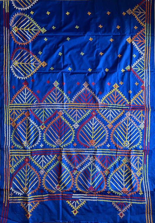 Royal Blue Gujrati Stitch/Kutch Hand Embroidered Art Silk Saree