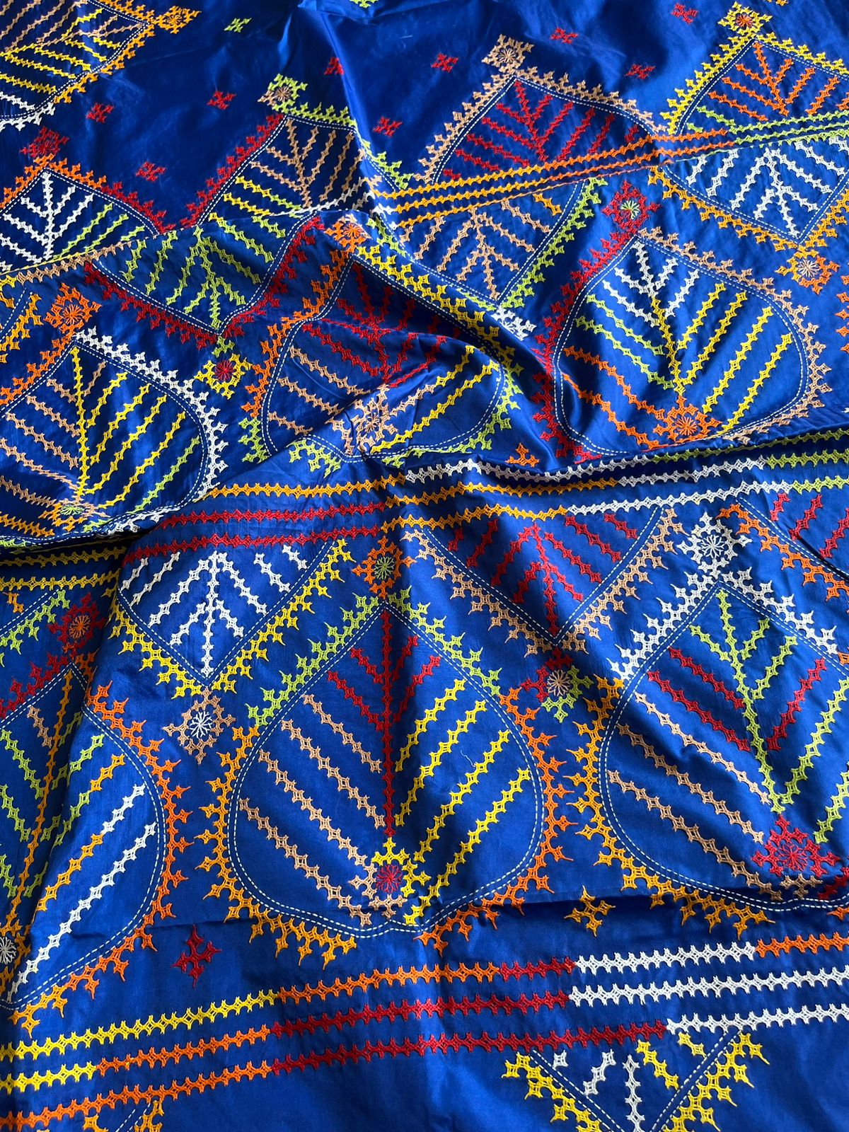 Royal Blue Gujrati Stitch/Kutch Hand Embroidered Art Silk Saree