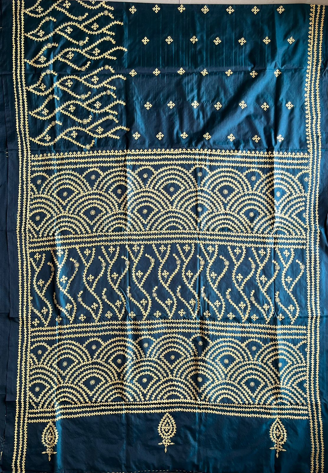 Gujrati Stitch/Kutch Hand Embroidered Art Silk Saree