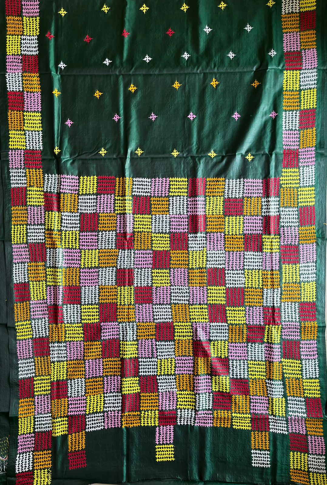 Bottle Green Gujrati Stitch/Kutch Hand Embroidered Art Silk Saree