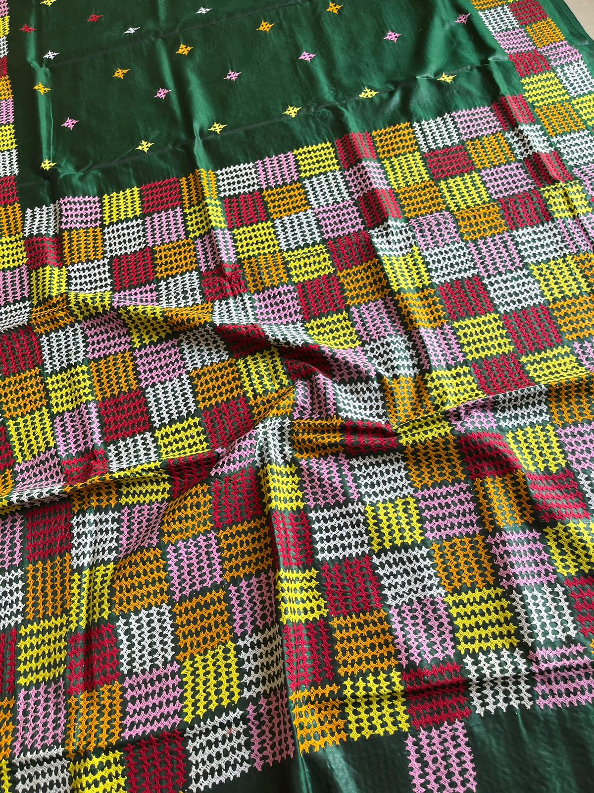 Bottle Green Gujrati Stitch/Kutch Hand Embroidered Art Silk Saree