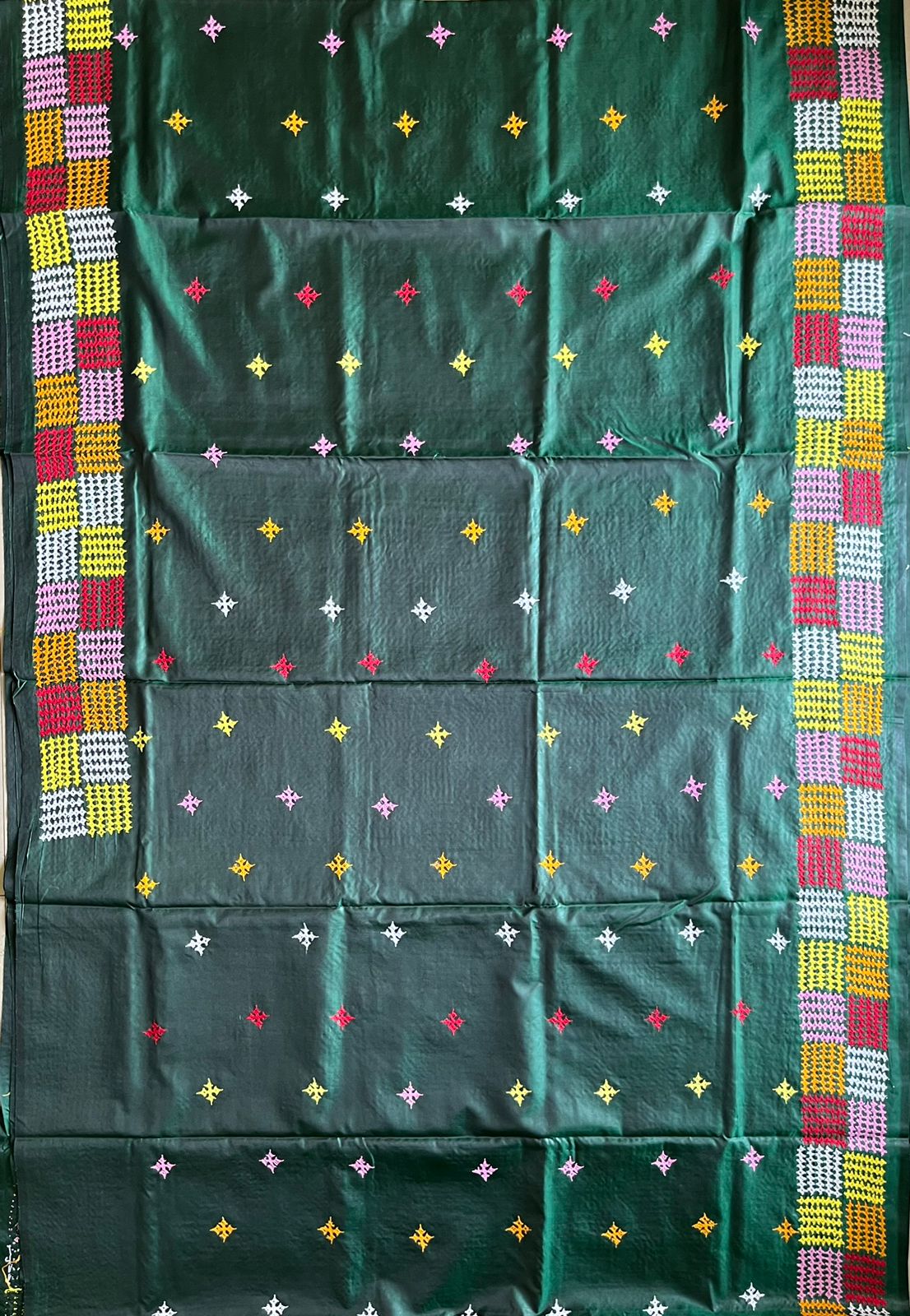 Bottle Green Gujrati Stitch/Kutch Hand Embroidered Art Silk Saree