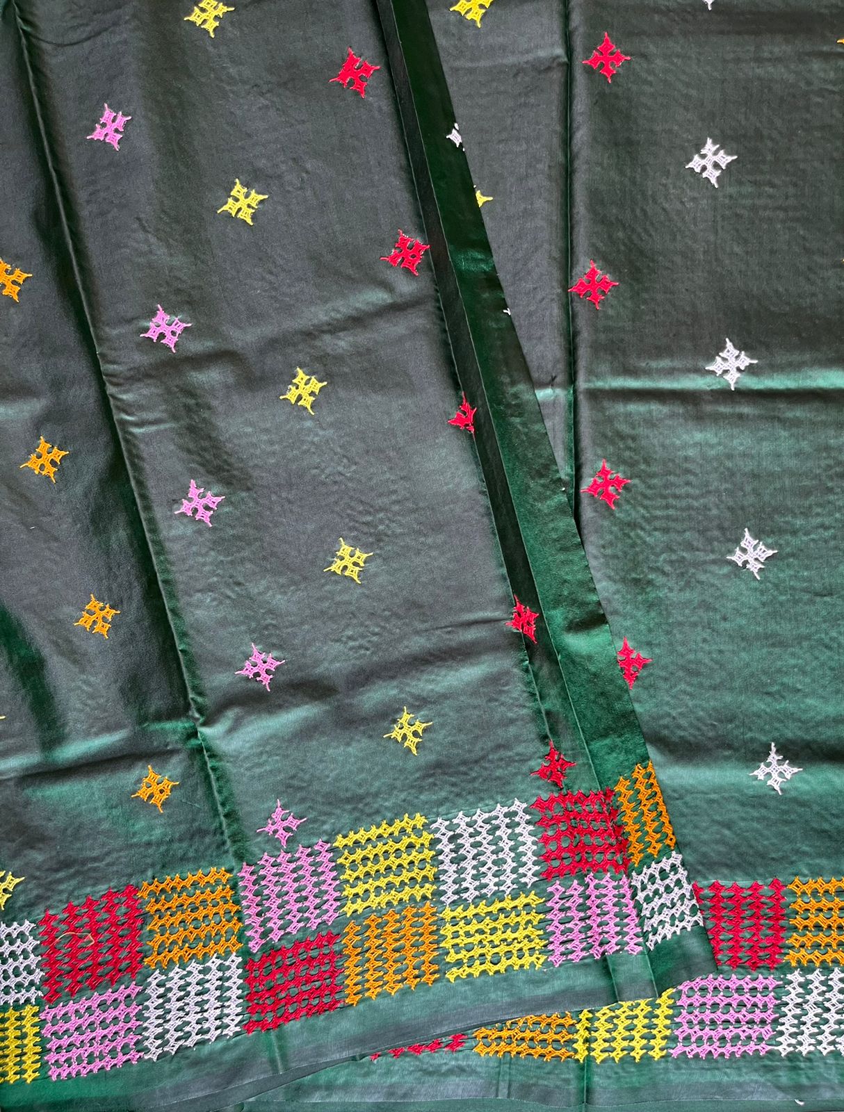 Bottle Green Gujrati Stitch/Kutch Hand Embroidered Art Silk Saree