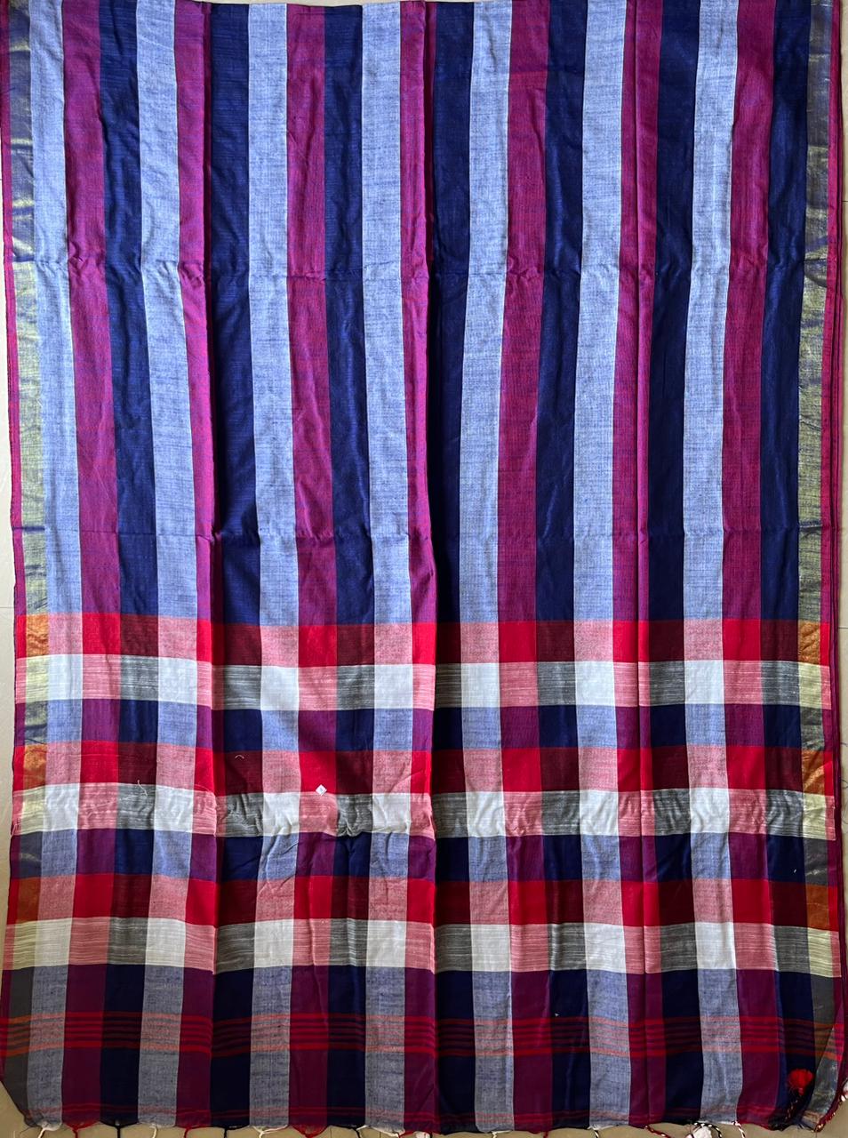 Cotton Check Weave Saree With Zari Border