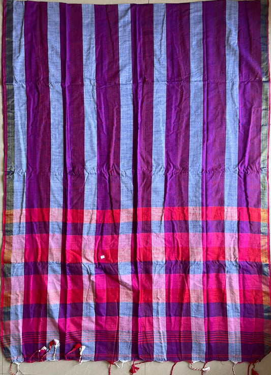 Cotton Check Weave Saree With Zari Border