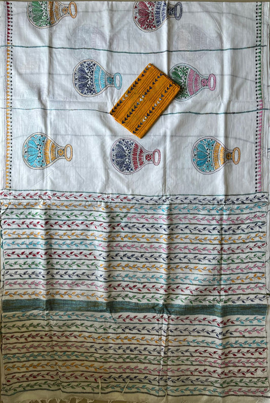 Kantha Hand Embroidered Pure Cotton Saree – Off White