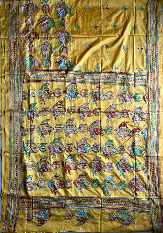 Yellow Kantha Stitch Hand Work Embroidery Art Silk Saree With Blouse