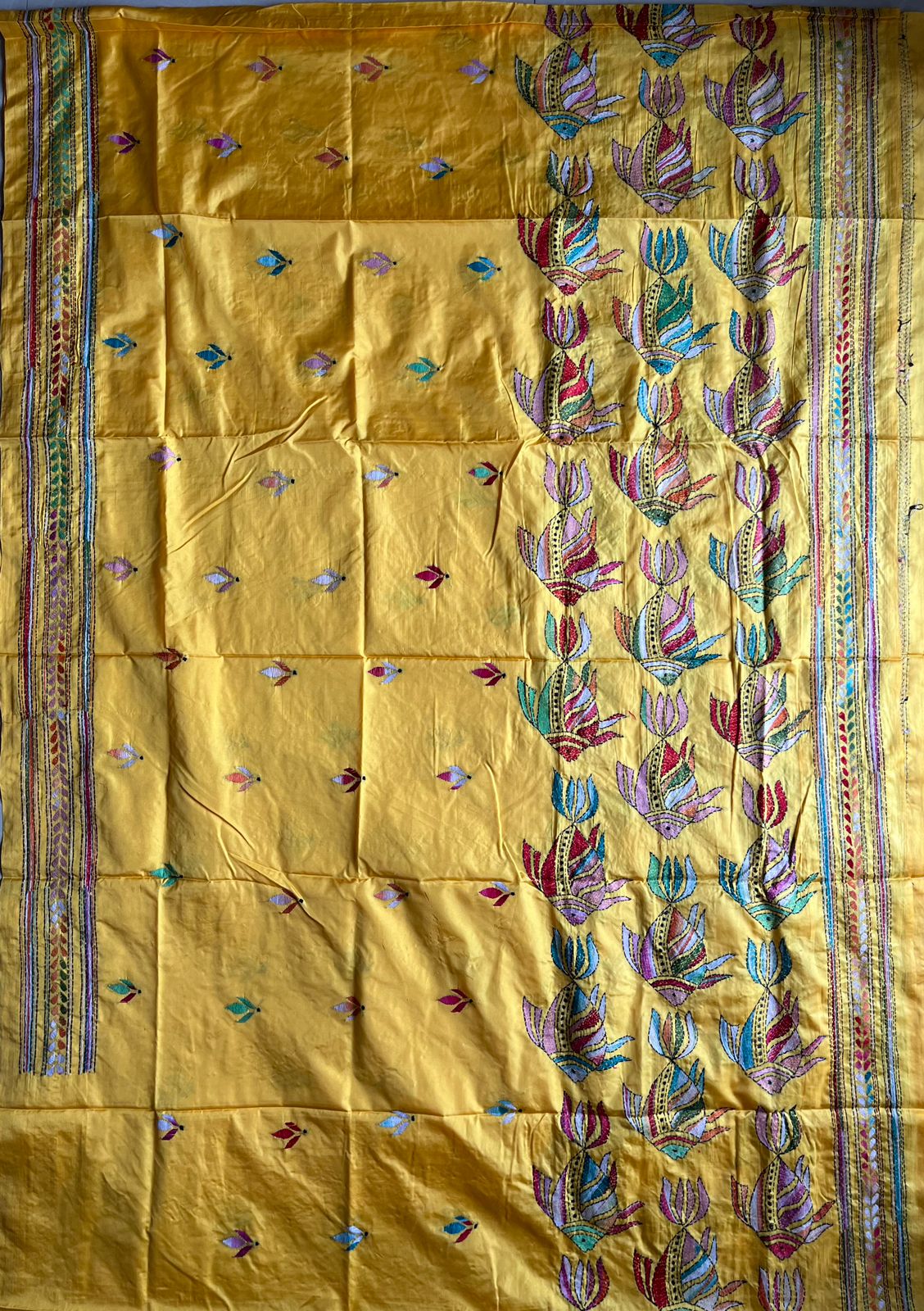 Yellow Kantha Stitch Hand Work Embroidery Art Silk Saree With Blouse