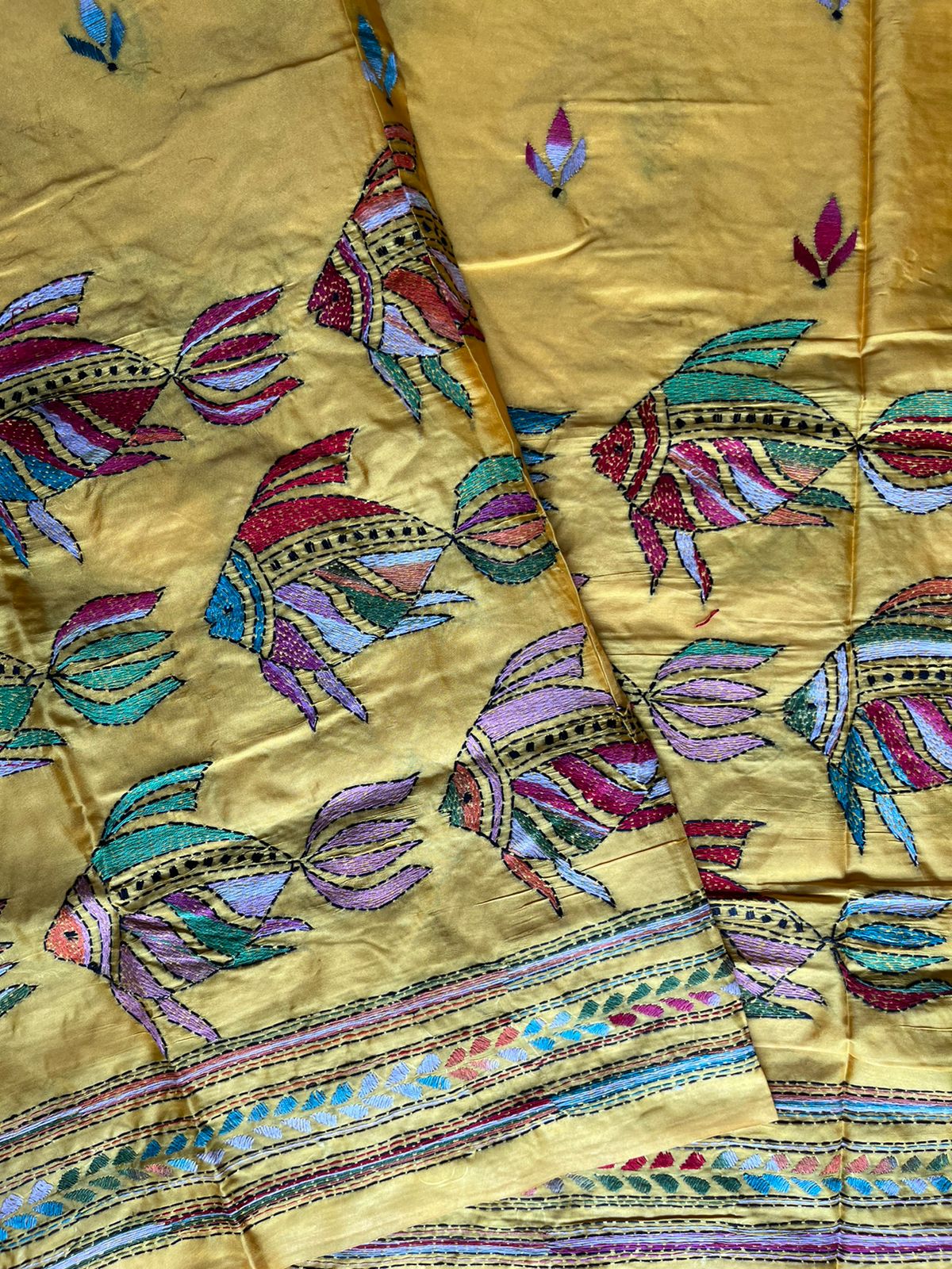 Yellow Kantha Stitch Hand Work Embroidery Art Silk Saree With Blouse