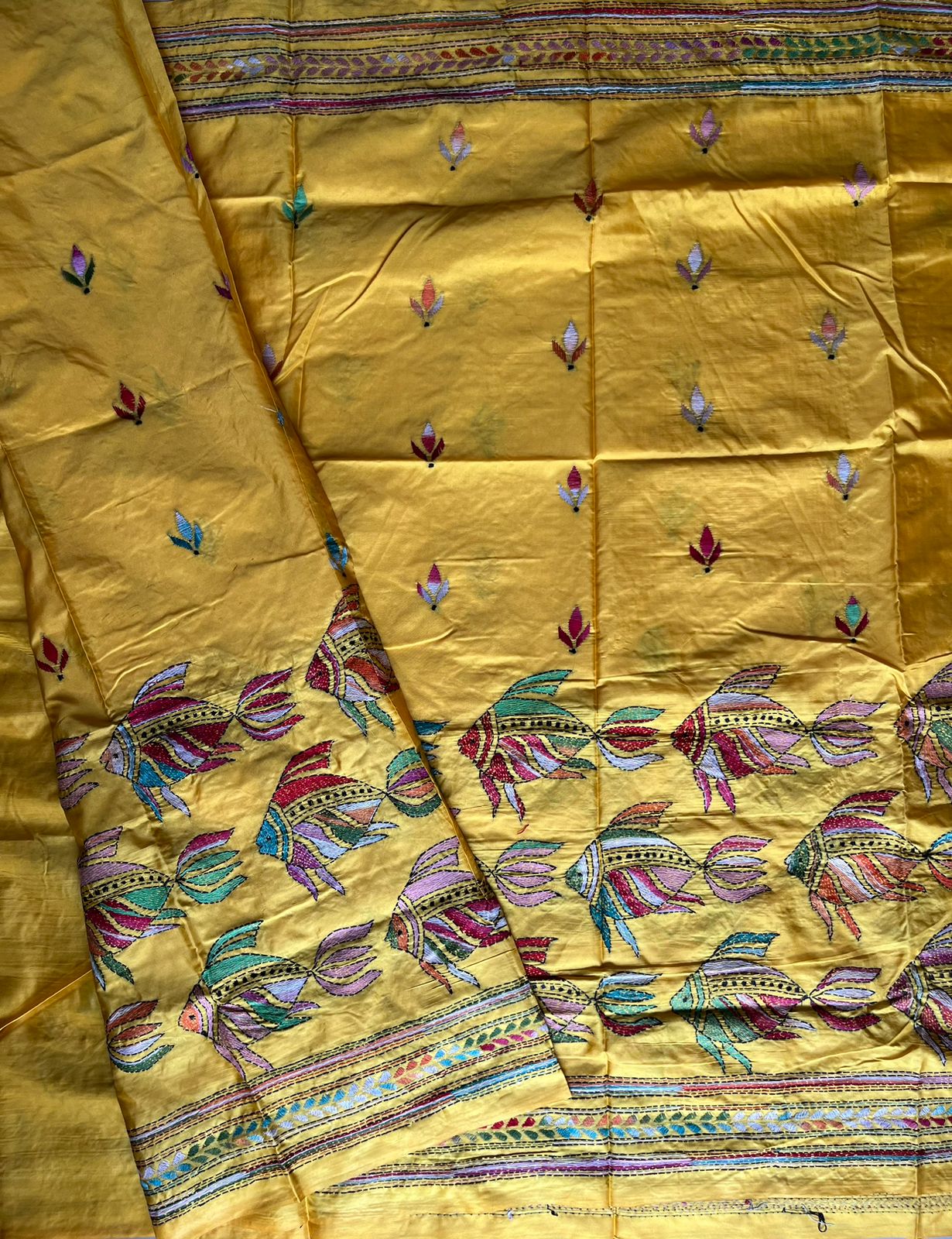 Yellow Kantha Stitch Hand Work Embroidery Art Silk Saree With Blouse