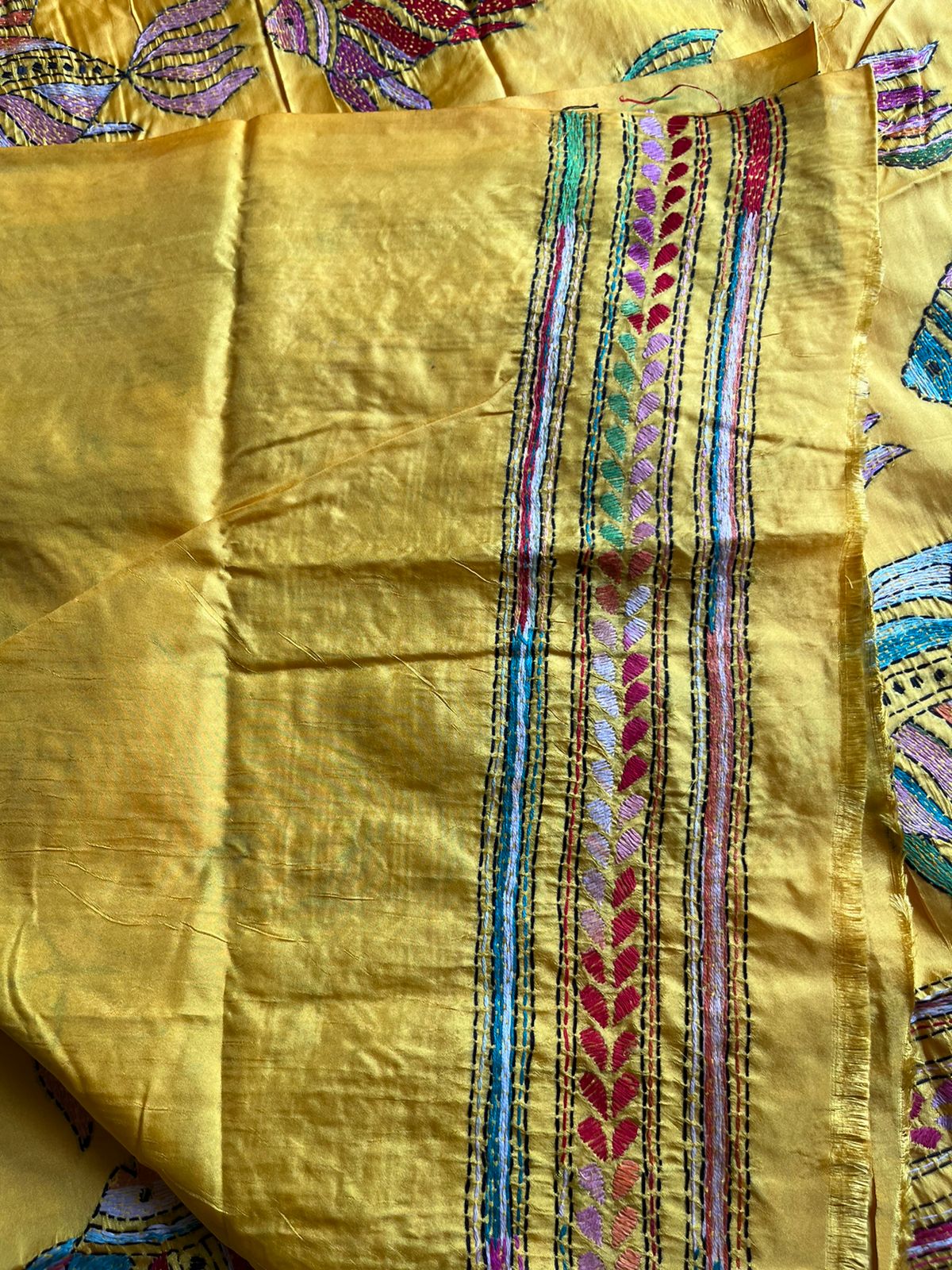 Yellow Kantha Stitch Hand Work Embroidery Art Silk Saree With Blouse