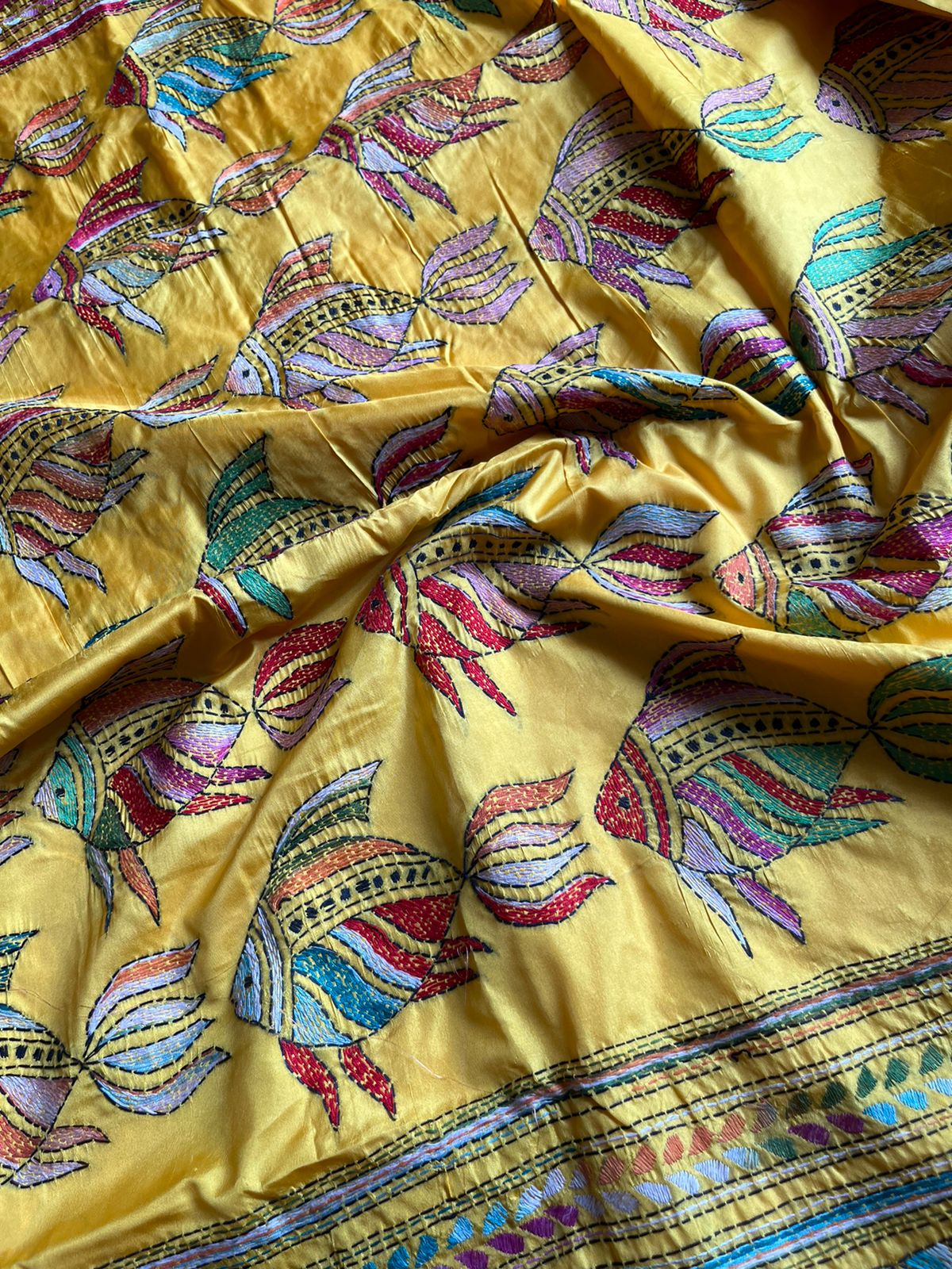 Yellow Kantha Stitch Hand Work Embroidery Art Silk Saree With Blouse