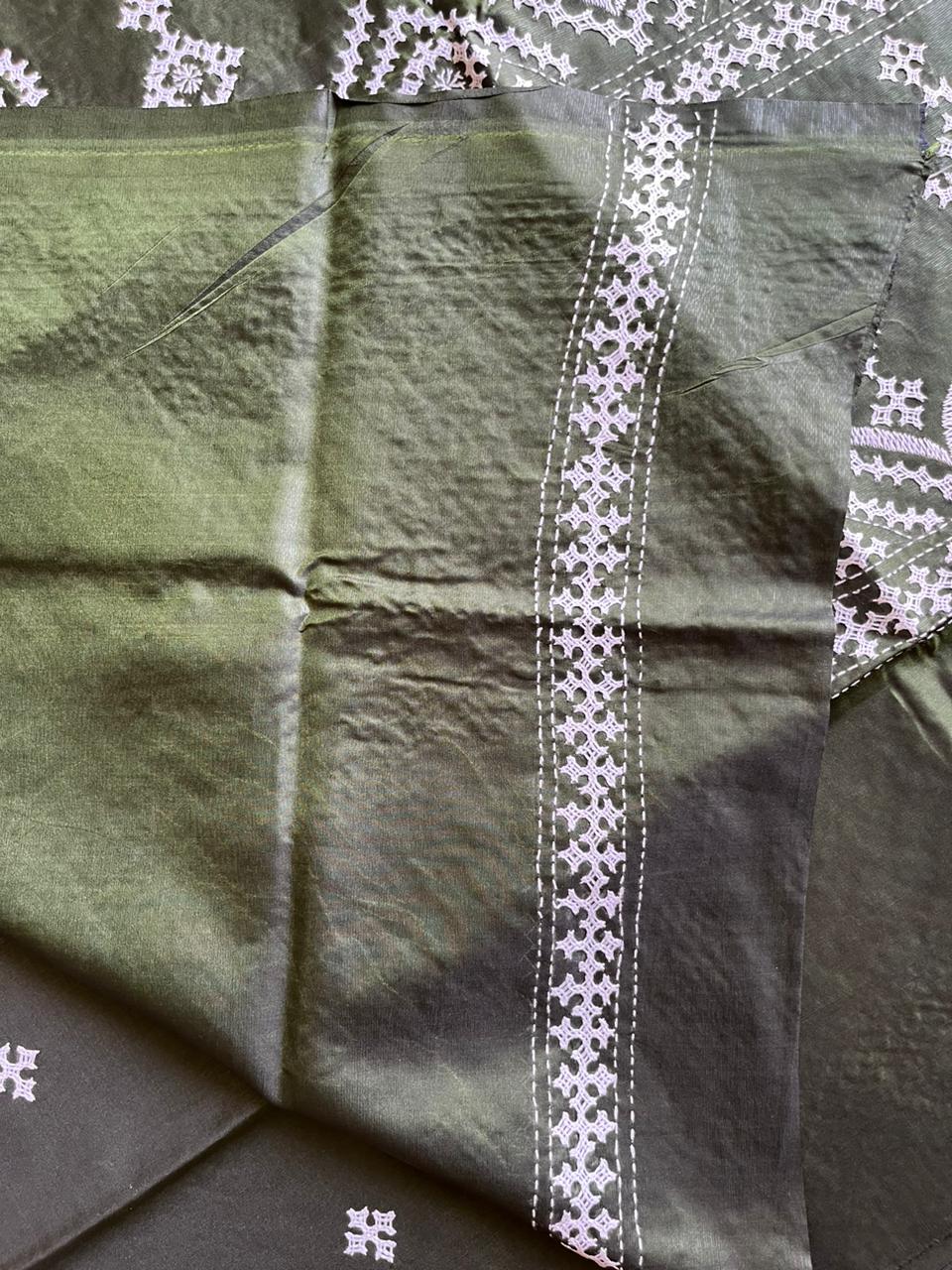 Olive Green Gujrati Stitch/Kutch Hand Embroidered Art Silk Saree