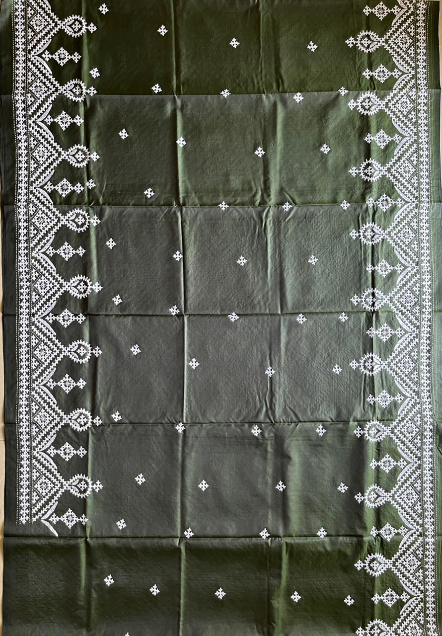 Olive Green Gujrati Stitch/Kutch Hand Embroidered Art Silk Saree