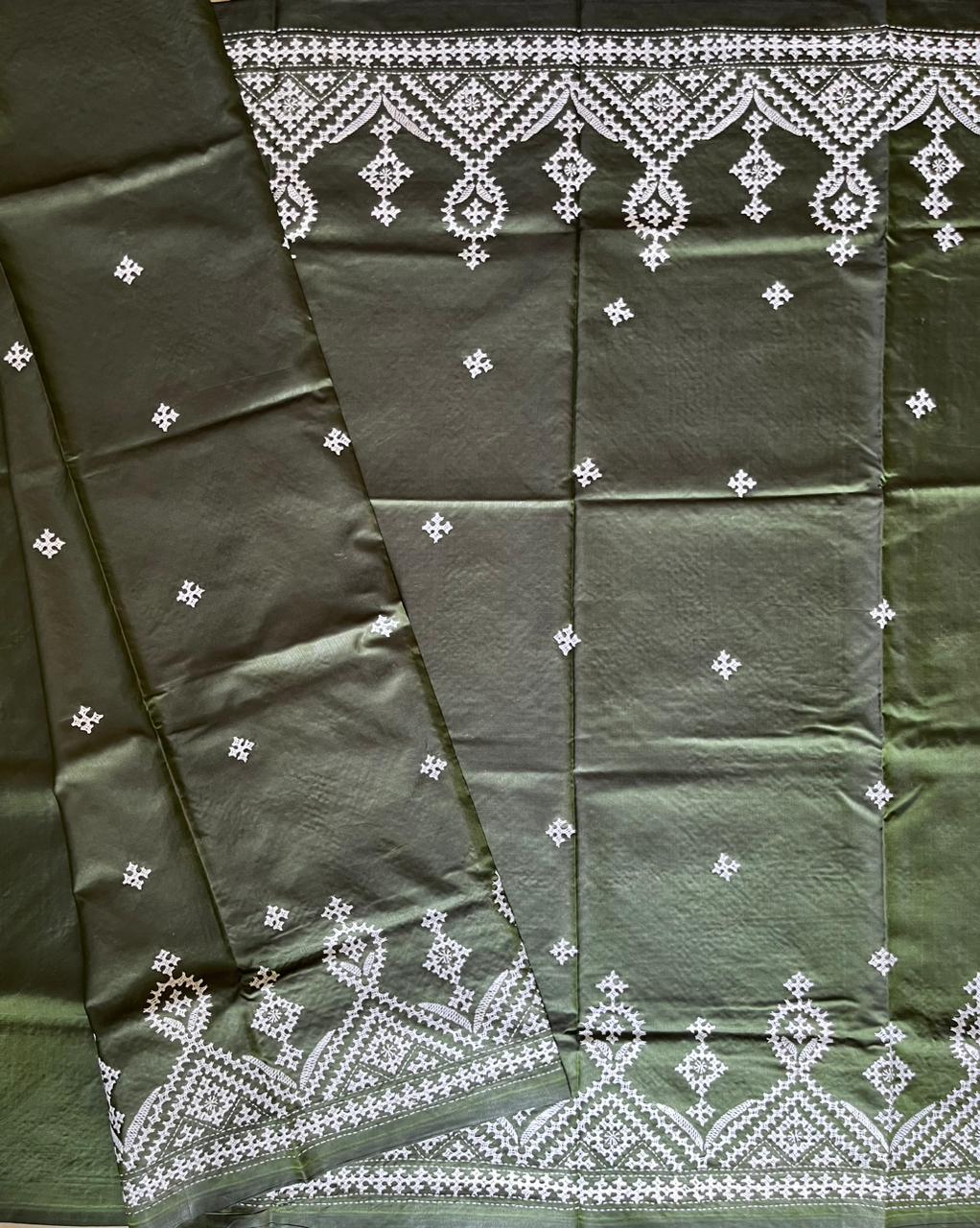 Olive Green Gujrati Stitch/Kutch Hand Embroidered Art Silk Saree